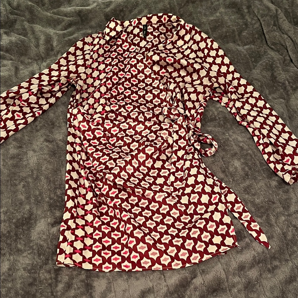 Mango Red and White Geometric Long Sleeve Dress